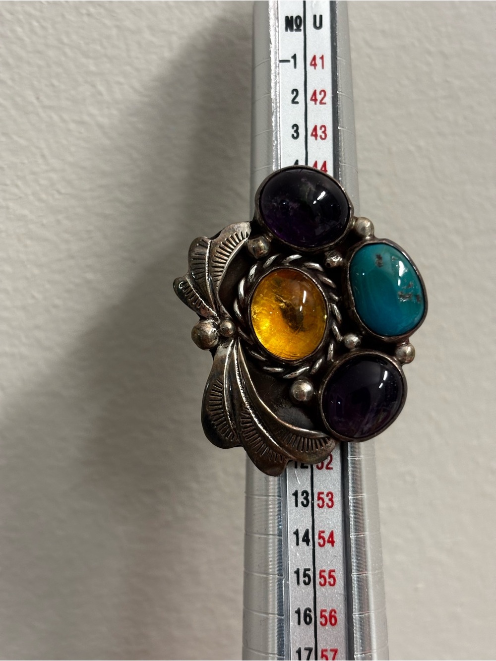 Sterling Silver Multi-Gemstone Statement Ring — Turquoise, Amethyst & Amber